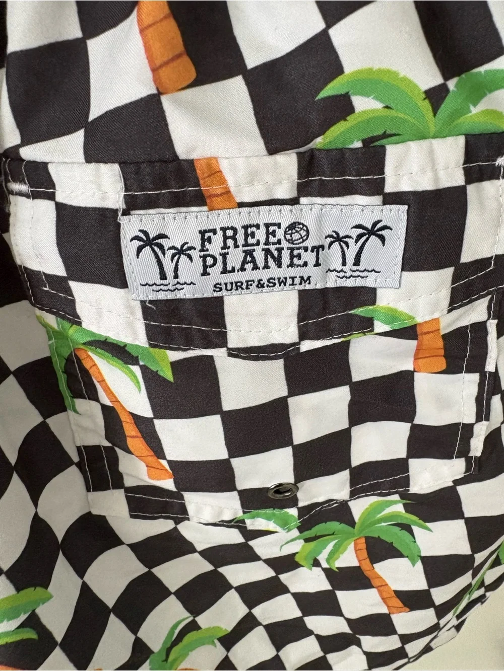 Free Planet Black & White Check Swim Shorts with Green Palm Print